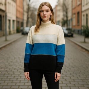 NWT H HALSTON MOCK NECK LONG SLEEVE PULLOVER SWEATER IN MYKONOS BLUE